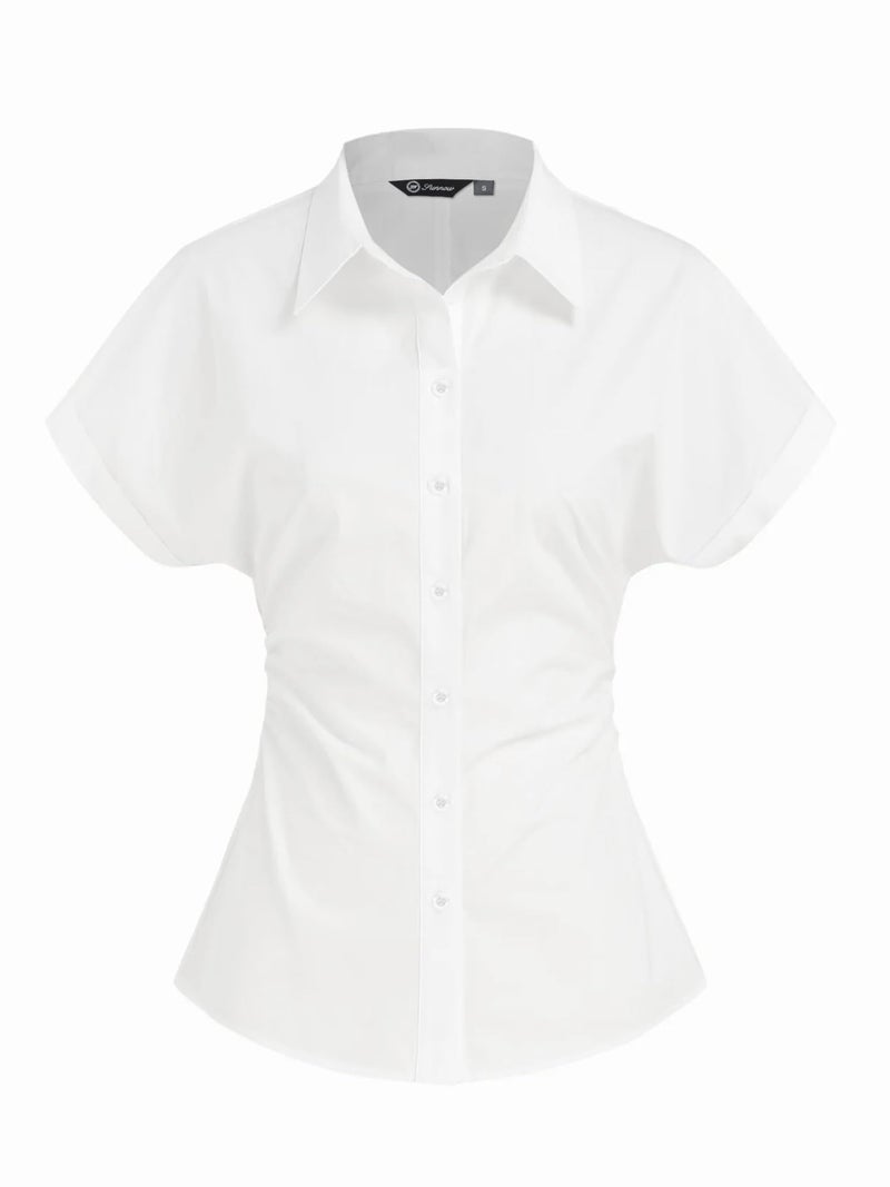 SUNNOW Women's Button Down Shirt Casual Short Sleeve Ruched Blouse Work Top, Stylish Office & Casual Shirt (US, Alpha, Medium, Regular, Regular, White) - Image 5