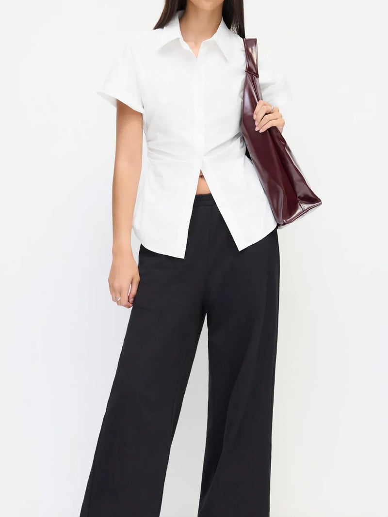 SUNNOW Women's Button Down Shirt Casual Short Sleeve Ruched Blouse Work Top, Stylish Office & Casual Shirt (US, Alpha, Medium, Regular, Regular, White) - Image 3
