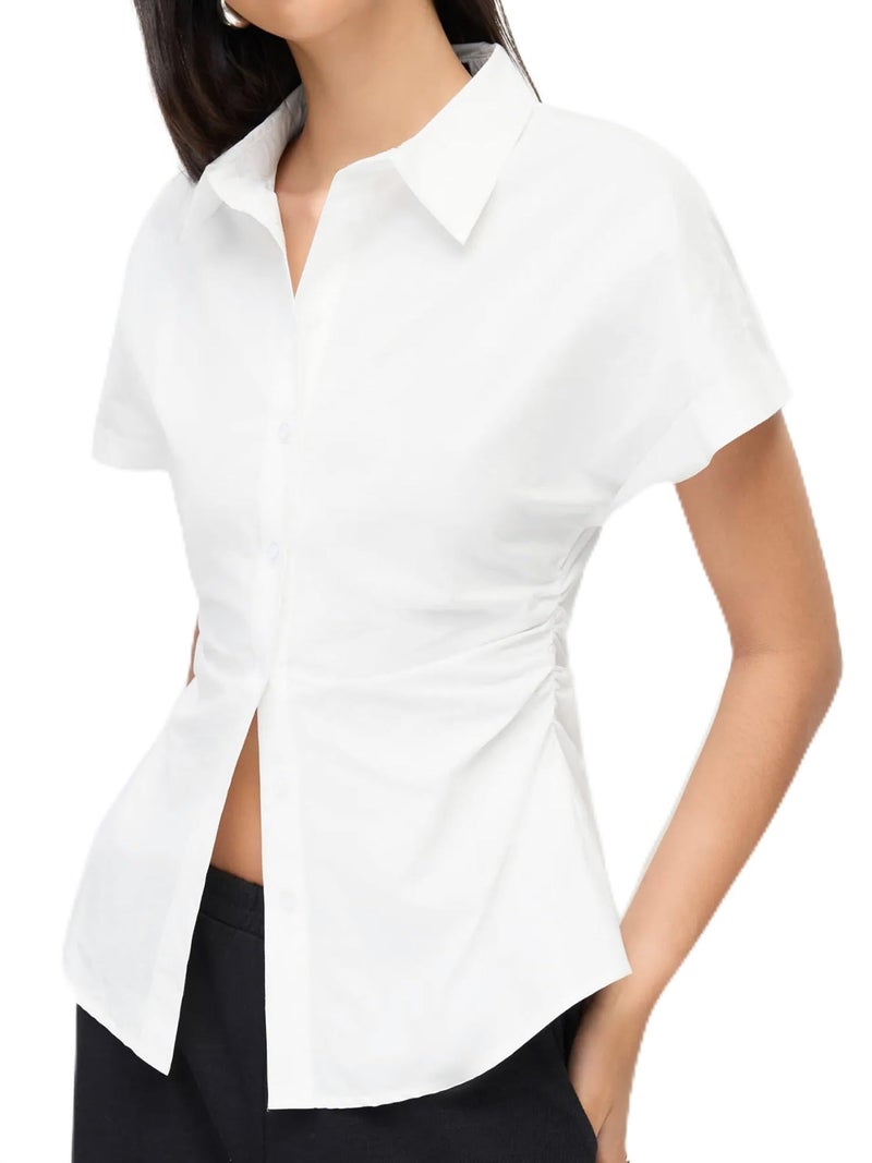 SUNNOW Women's Button Down Shirt Casual Short Sleeve Ruched Blouse Work Top, Stylish Office & Casual Shirt (US, Alpha, Medium, Regular, Regular, White) - Image 1