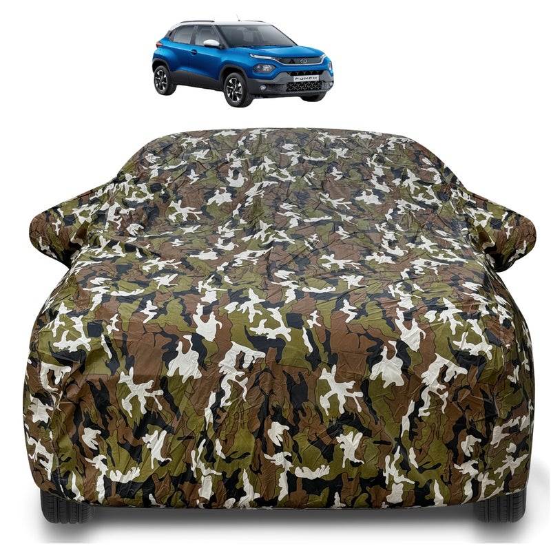 Auto Hub Waterproof Car Cover Compatible with Tata Punch with Mirror Pockets, Soft Cotton Lining, Punch Car Cover Waterproof, Army - Image 1