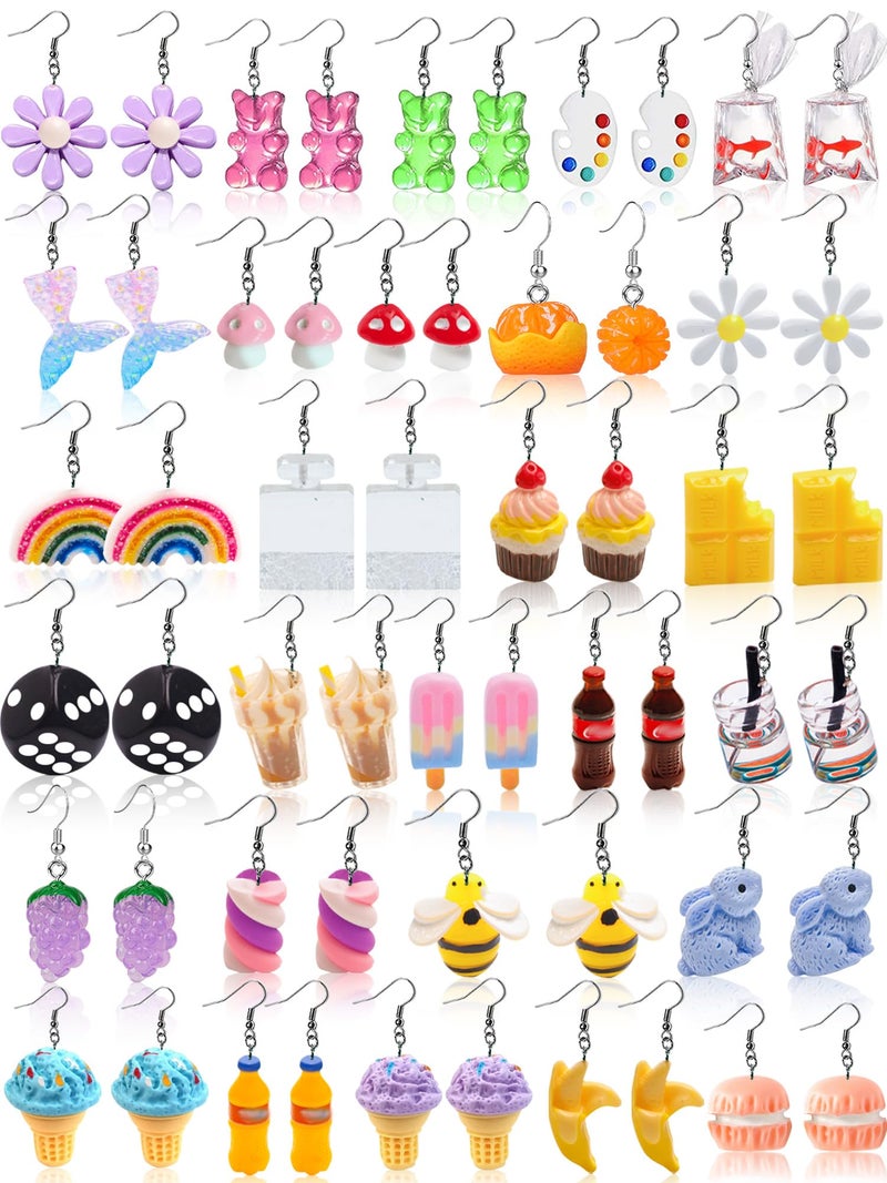 LUYI 28 Pairs Weird Cute Earrings Funny Kawaii Indie Funky Earrings Including Gummy Bear Water Bottle Food Mushroom Boba Tea Goldfish Flowers Dangle Earrings for Women - Image 1