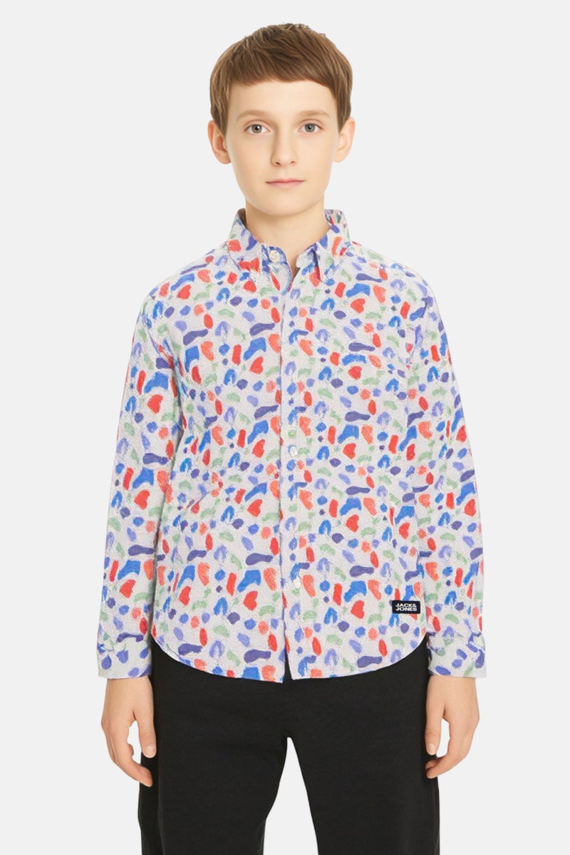 JACK & JONES Kids Boy Long Sleeve Allover Print Casual Shirt, Multicolor - Image 1