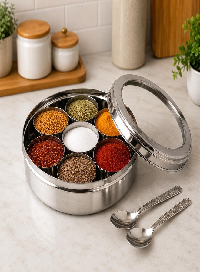 MARU Durable Stainless Steel Masala box for kitchen Spice storage Box for Kitchen with see-through lid, Masala dabba, Spices storage container (Small Size 11, 19cms) - Image 1