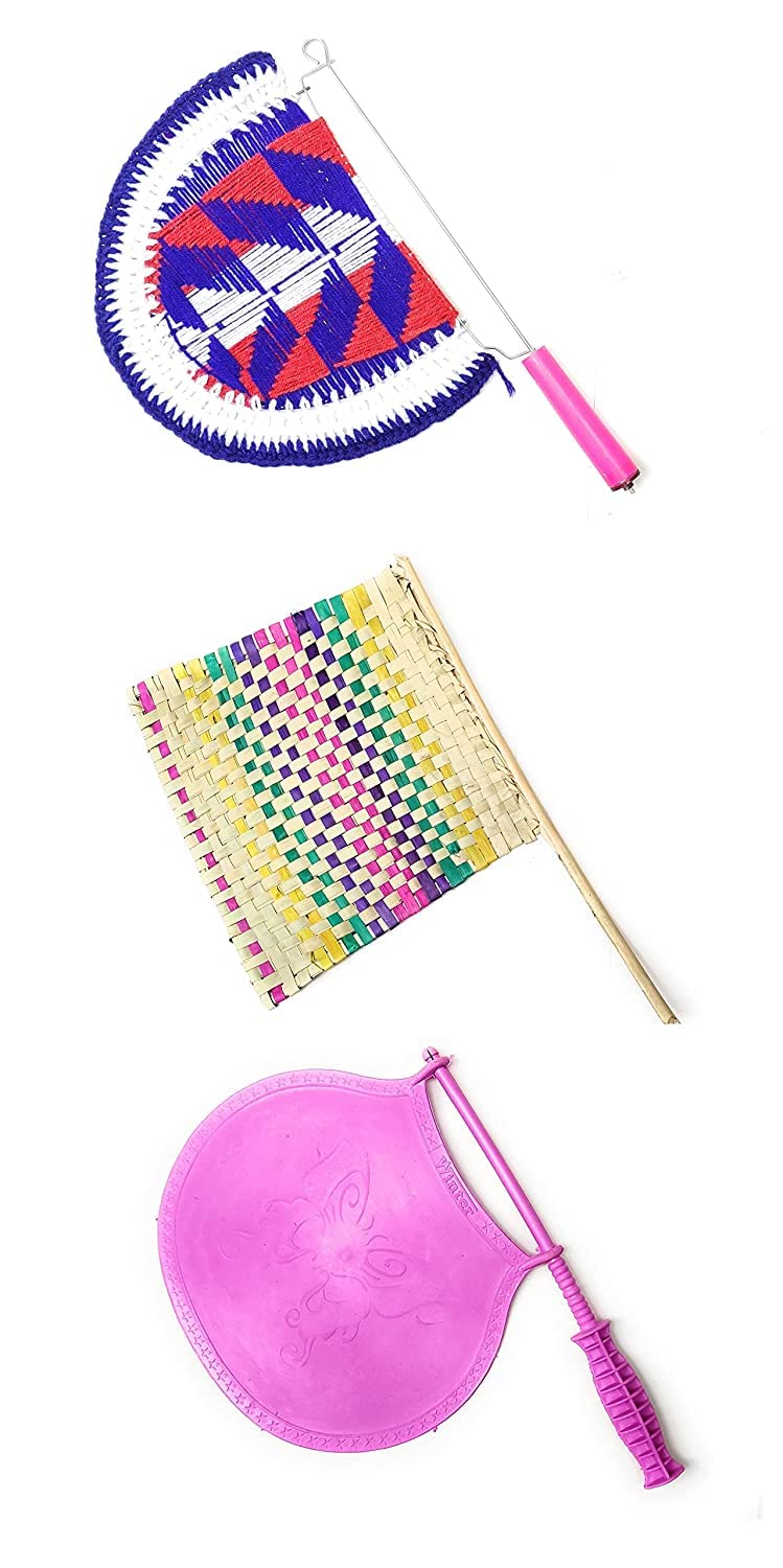 FASH Handmade Crafting Fan 3 Different Fans/Bena For Summer Season Combo Bamboo Stick,Hand Knitted,Plastic Handfan Bena Beejna Pankha Handheld For Natural Cooling Air Home Decor & Travel Use(Set Of 3) - Image 1