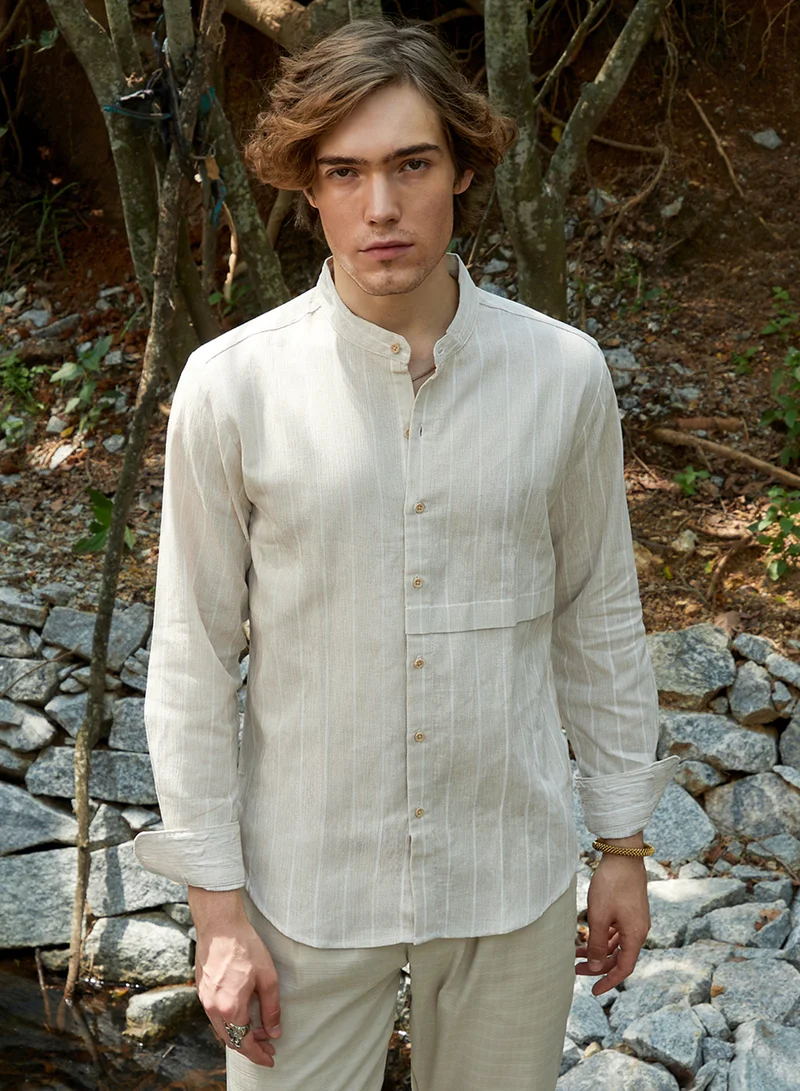 Campus Sutra Men's Saltbox Beige Pencil-Striped Shirt