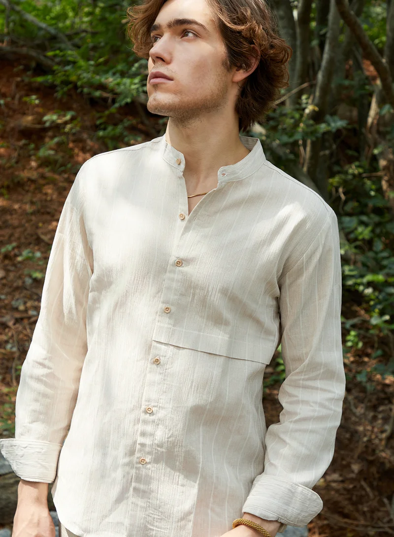 Campus Sutra Men's Saltbox Beige Pencil-Striped Shirt