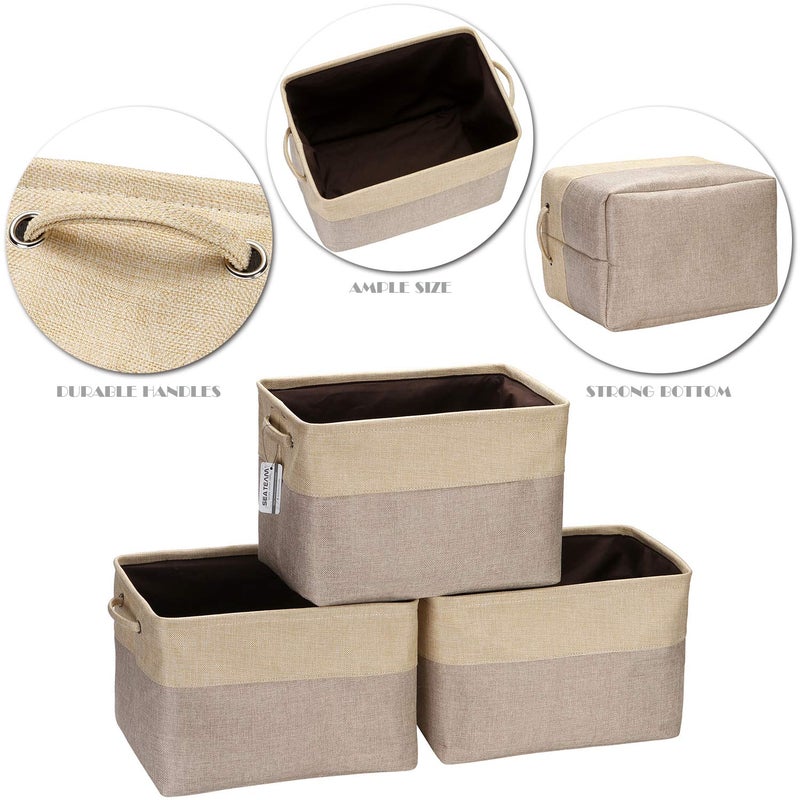 Sea Team 3-Pack Large Storage Basket Set, Trunk Organizer, Clothes Toys Bin, 15 x 10 x 10 Inches, Big Rectangular Canvas Fabric Collapsible Shelf Box with Handles for Kids Room (Tan/Beige) - Image 4