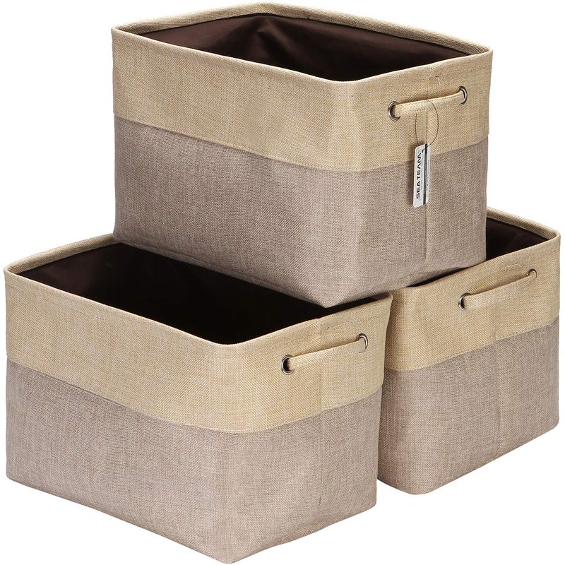 Sea Team 3-Pack Large Storage Basket Set, Trunk Organizer, Clothes Toys Bin, 15 x 10 x 10 Inches, Big Rectangular Canvas Fabric Collapsible Shelf Box with Handles for Kids Room (Tan/Beige) - Image 1