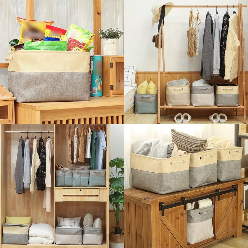 Sea Team 3-Pack Large Storage Basket Set, Trunk Organizer, Clothes Toys Bin, 15 x 10 x 10 Inches, Big Rectangular Canvas Fabric Collapsible Shelf Box with Handles for Kids Room (Tan/Beige) - Image 3