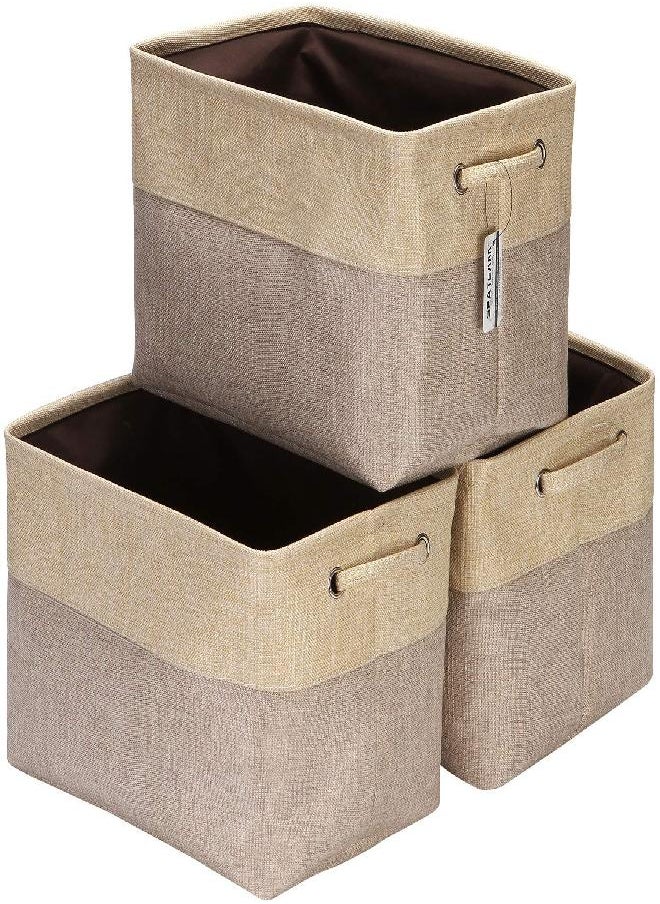 Sea Team Sea Team 3-Pack Large Storage Basket Set, Trunk Organizer, Clothes Toys Bin, 15 x 10 x 10 Inches, Big Rectangular Canvas Fabric Collapsible Shelf Box with Handles for Kids Room (Tan/Beige)  - Image 3