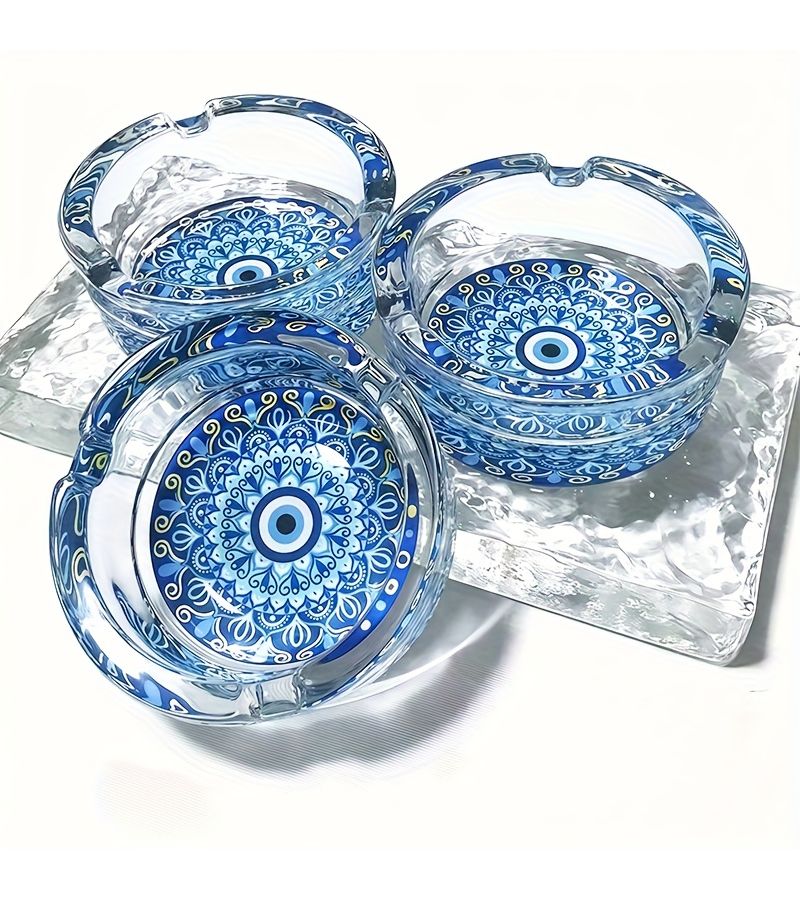 Green Blue Eyed Round Glass Ashtray 3.34 Inch Smoking Accessory Gift - Image 2
