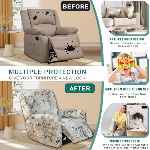 NILUOH Stretch Recliner Cover 4 Pieces Printed Lazy Boy Chair Covers Floral Patterned Recliner Sofa Slipcover Anti-Slip Fitted Furniture Protector with Elastic Bottom, A3 - Image 4