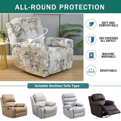 NILUOH Stretch Recliner Cover 4 Pieces Printed Lazy Boy Chair Covers Floral Patterned Recliner Sofa Slipcover Anti-Slip Fitted Furniture Protector with Elastic Bottom, A3 - Image 5