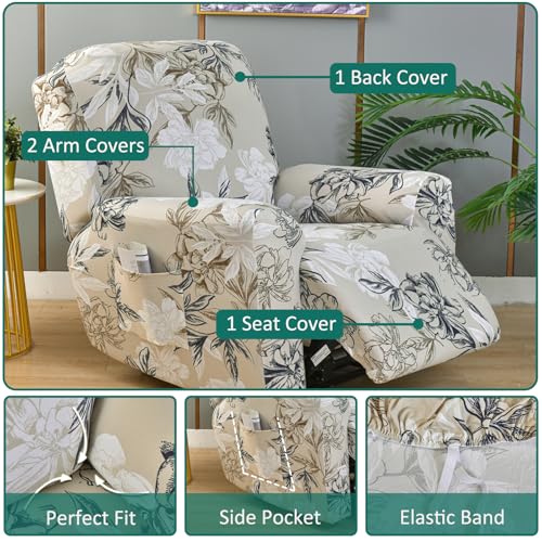 NILUOH Stretch Recliner Cover 4 Pieces Printed Lazy Boy Chair Covers Floral Patterned Recliner Sofa Slipcover Anti-Slip Fitted Furniture Protector with Elastic Bottom, A3 - Image 2