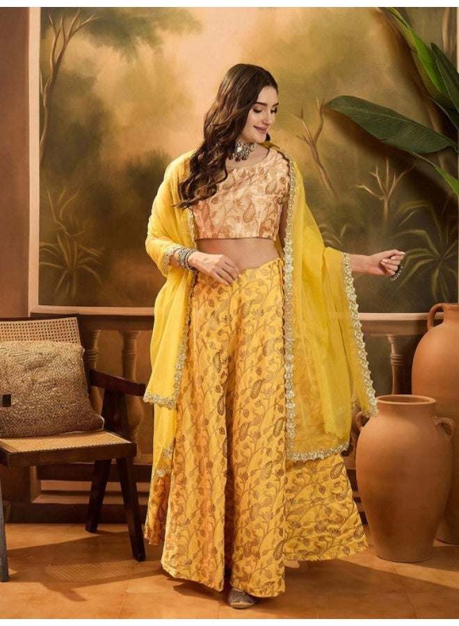 AKS Yellow Banarasi Lehenga Choli With Organza Dupatta  - Image 1