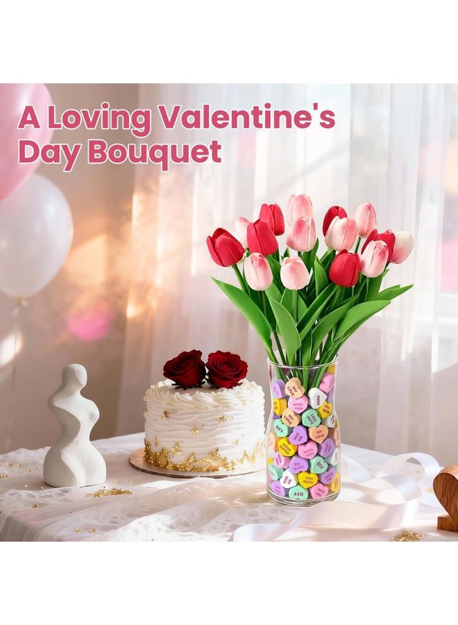 Mulbozy Valentines Day Decorations, Valentine Theme Decor with Glass Vase、Conversation Hearts Filler & Tulips for The Home or Office Centerpiece Table - Image 2