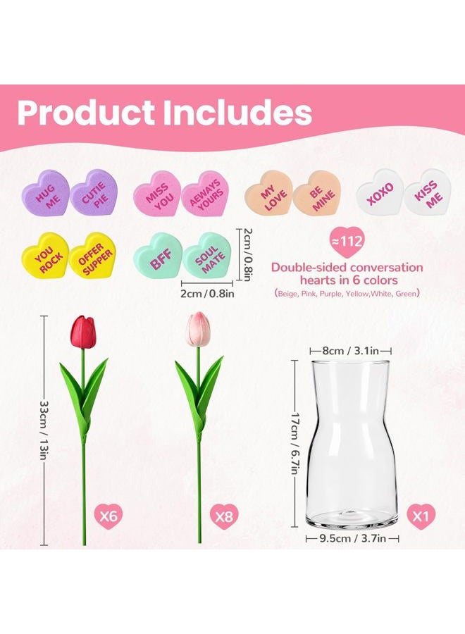 Mulbozy Valentines Day Decorations, Valentine Theme Decor with Glass Vase、Conversation Hearts Filler & Tulips for The Home or Office Centerpiece Table - Image 3