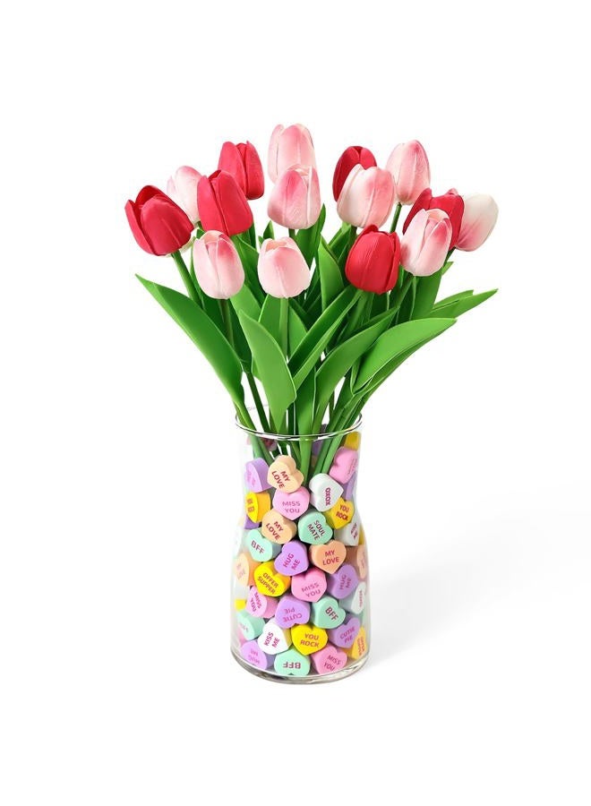 Mulbozy Valentines Day Decorations, Valentine Theme Decor with Glass Vase、Conversation Hearts Filler & Tulips for The Home or Office Centerpiece Table - Image 1