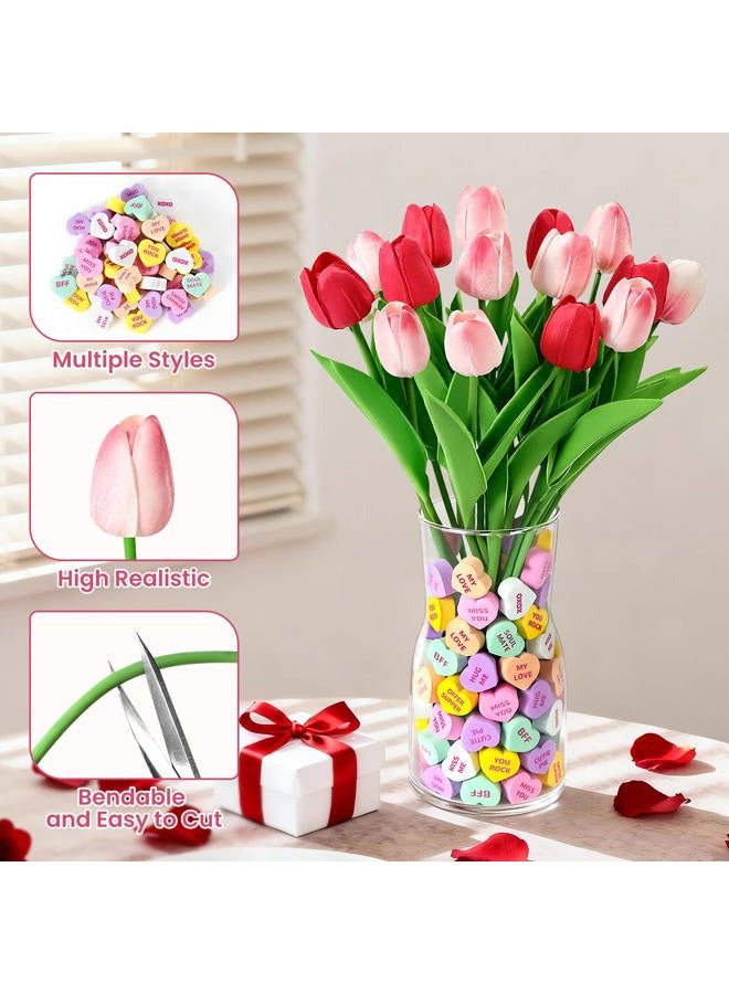 Mulbozy Valentines Day Decorations, Valentine Theme Decor with Glass Vase、Conversation Hearts Filler & Tulips for The Home or Office Centerpiece Table - Image 4