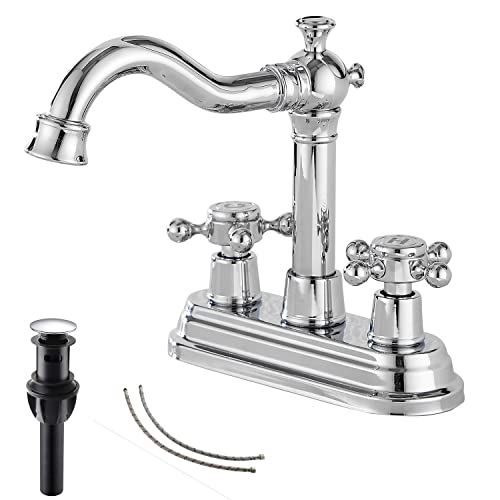GGStudy Chrome Bathroom Faucet GGStudy 2 Handles 4 Inches Centerset Bathroom Vanity with Drain Assembly and Supply Hose Lavatory Faucet Mixer Double Handle Tap - Image 1