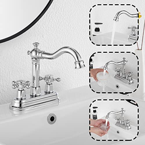 GGStudy Chrome Bathroom Faucet GGStudy 2 Handles 4 Inches Centerset Bathroom Vanity with Drain Assembly and Supply Hose Lavatory Faucet Mixer Double Handle Tap - Image 4