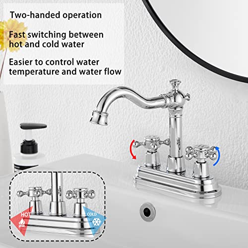 GGStudy Chrome Bathroom Faucet GGStudy 2 Handles 4 Inches Centerset Bathroom Vanity with Drain Assembly and Supply Hose Lavatory Faucet Mixer Double Handle Tap - Image 3