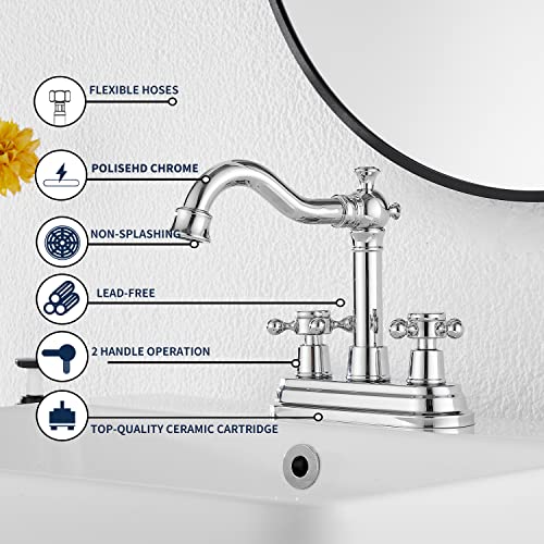 GGStudy Chrome Bathroom Faucet GGStudy 2 Handles 4 Inches Centerset Bathroom Vanity with Drain Assembly and Supply Hose Lavatory Faucet Mixer Double Handle Tap - Image 5