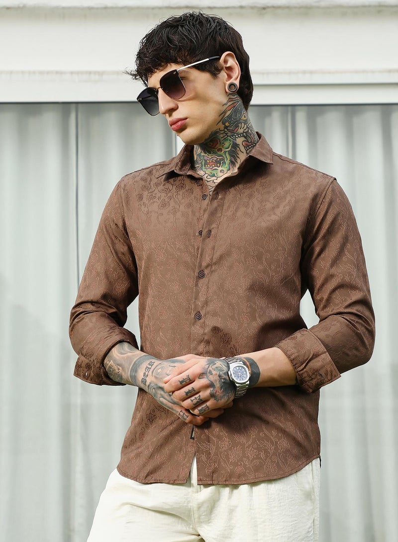 Campus Sutra Men's Slim Fit Brown Floral Jacquard Shirt  - Image 1