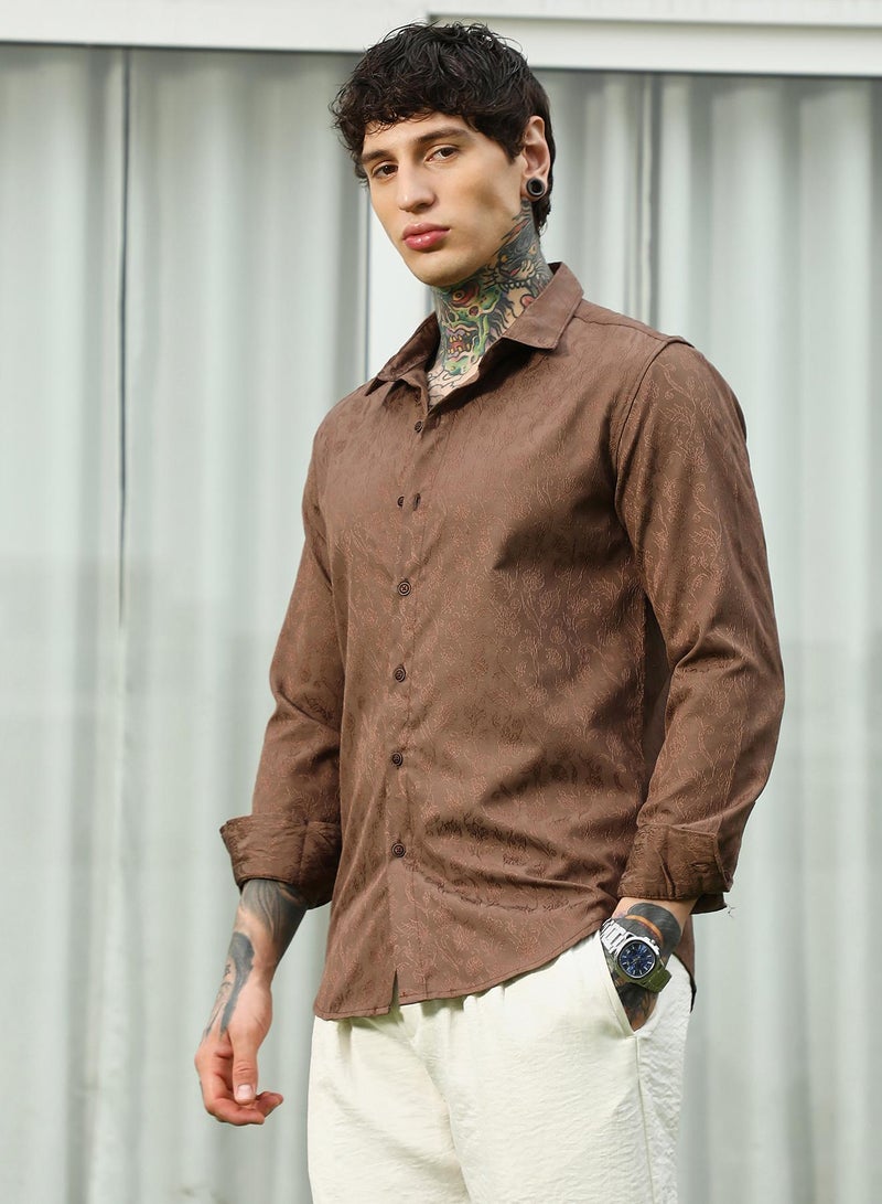 Campus Sutra Men's Slim Fit Brown Floral Jacquard Shirt  - Image 3