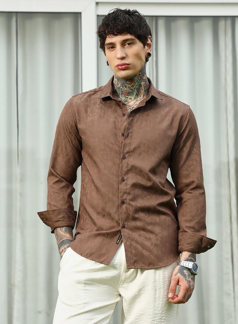 Campus Sutra Men's Slim Fit Brown Floral Jacquard Shirt  - Image 2