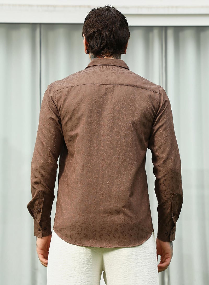 Campus Sutra Men's Slim Fit Brown Floral Jacquard Shirt  - Image 5