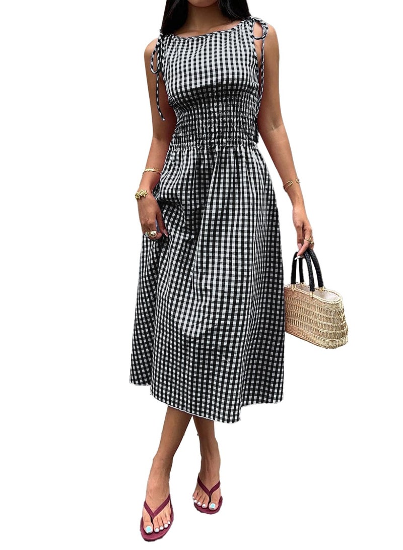 Acelitt Summer Maxi Dresses for Women 2026 Smocked Waist Gingham Dress Flowy A Line Beach Long Sundresses with Pockets Vacation Outfits Black Small - Image 1