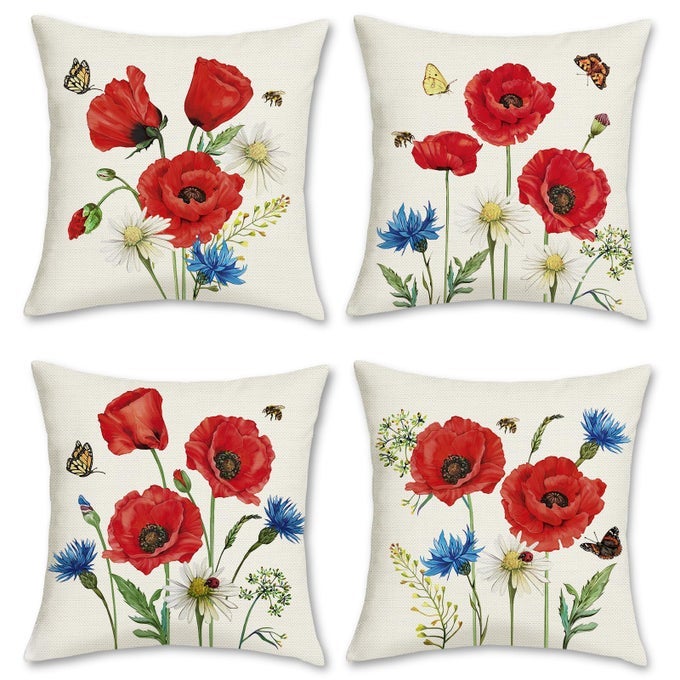 POPPY FLORAL PILLOW COVERS 18X18 SET OF 4 SPRING RED FLOWERS GIFTS DECORATIVE THROW PILLOW CASES POLYESTER LINEN OUTDOOR FOR SOFA COUCH BAR CLUB VALENTINES DAY DECOR