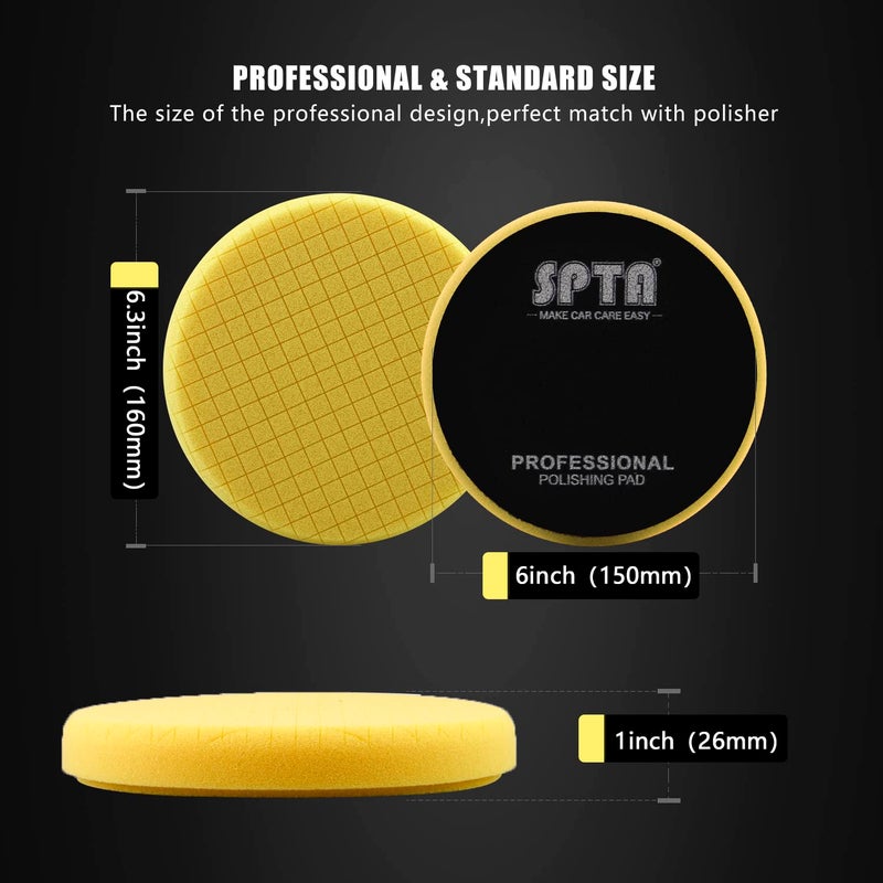 SPTA Yellow T80 High-Cut Foam Polishing Pads, SPTA 3Pcs 6.5 Inch Face for 6 Inch 150mm Backing Plate Compound Buffing Sponge Pads for Car Buffer Polisher Compounding, Polishing and Waxing -X00224Y6B3 - Image 2