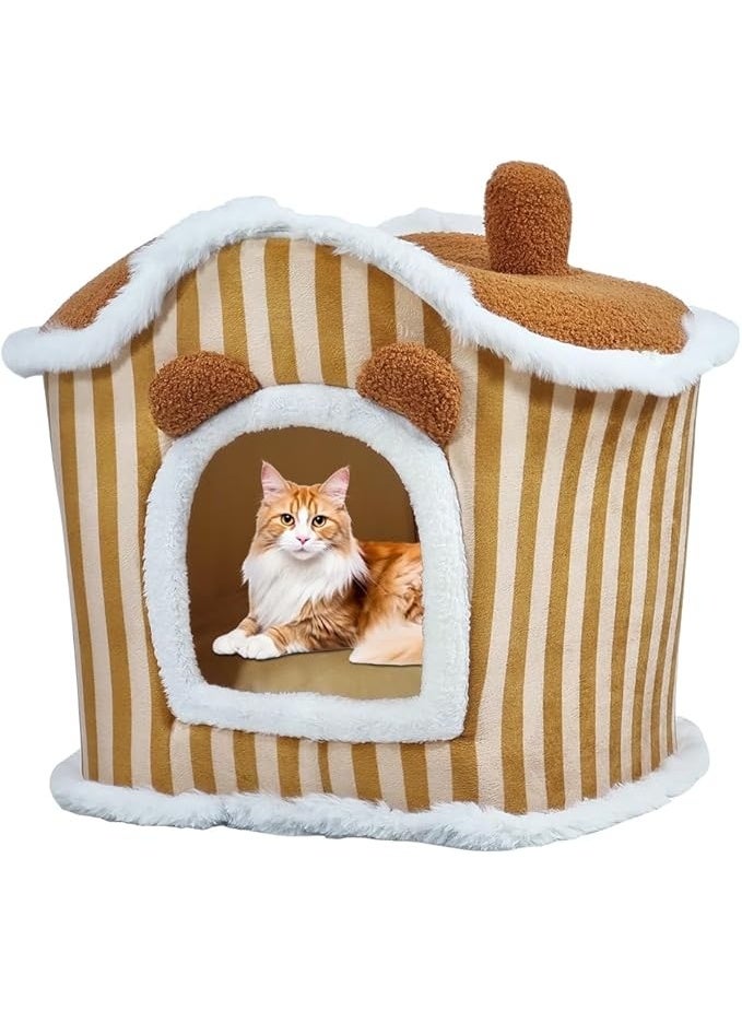 أن ان سي بيتس سرير للحيوانات الأليفة للقطط المتوسطة والكبيرة، بيت قطط مريح مع وسادة قابلة للإزالة وقاعدة مضادة للانزلاق، بيت قطط قابل للفصل والغسل في الغسالة (بني) - Image 1