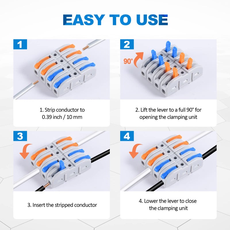 HTCELLE Lever Wire Connectors, HTCELLE 60-Piece Quick Connect Electrical Splicing Kit for Compact Inline Terminals - 28-12 AWG, 1 in 1 Out (Multicolored, 60) - Image 3