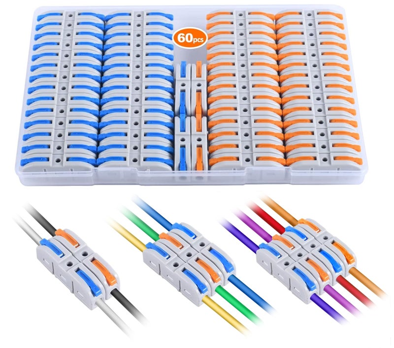HTCELLE Lever Wire Connectors, HTCELLE 60-Piece Quick Connect Electrical Splicing Kit for Compact Inline Terminals - 28-12 AWG, 1 in 1 Out (Multicolored, 60) - Image 1
