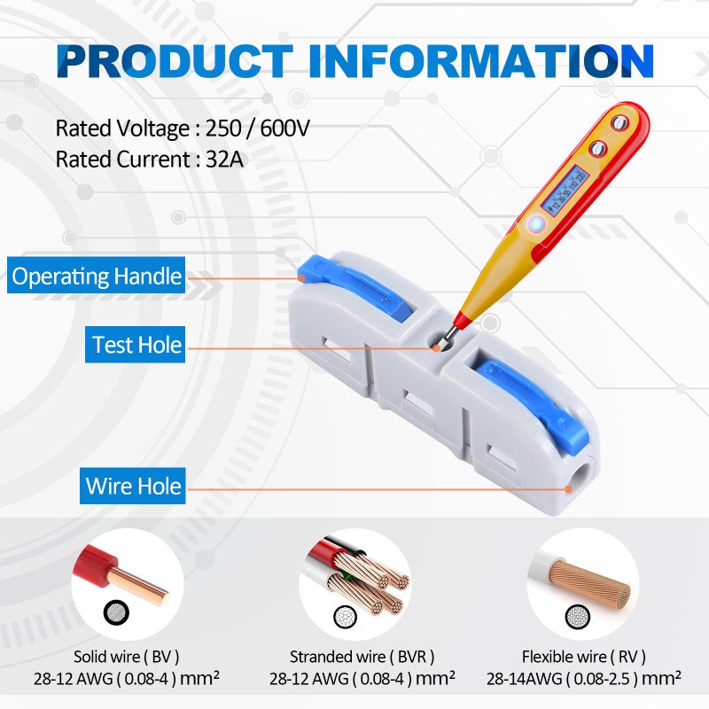 HTCELLE Lever Wire Connectors, HTCELLE 60-Piece Quick Connect Electrical Splicing Kit for Compact Inline Terminals - 28-12 AWG, 1 in 1 Out (Multicolored, 60) - Image 2