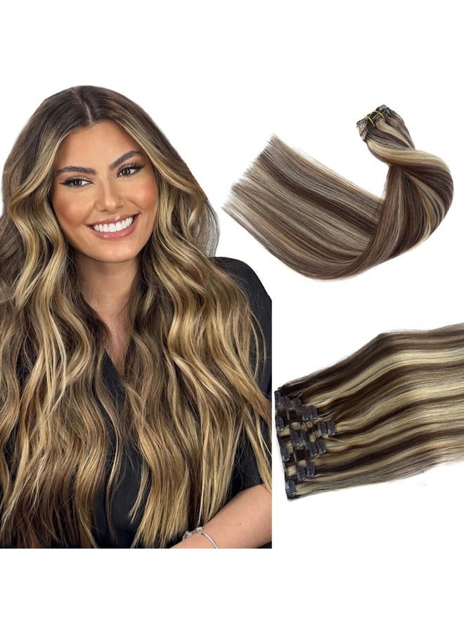 Ubetta Clip in Hair Extensions Real Human Hair, Chocolate Brown and Blonde Highlights Real Hair Extensions Clip in Human Hair 22 Inch 7 Pieces Double Weft Remy Human Hair Clip ins Extensions 70G for Women - Image 1
