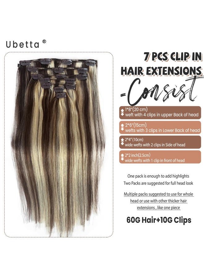Ubetta Clip in Hair Extensions Real Human Hair, Chocolate Brown and Blonde Highlights Real Hair Extensions Clip in Human Hair 22 Inch 7 Pieces Double Weft Remy Human Hair Clip ins Extensions 70G for Women - Image 2