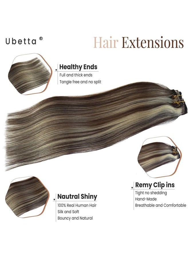Ubetta Clip in Hair Extensions Real Human Hair, Chocolate Brown and Blonde Highlights Real Hair Extensions Clip in Human Hair 22 Inch 7 Pieces Double Weft Remy Human Hair Clip ins Extensions 70G for Women - Image 4