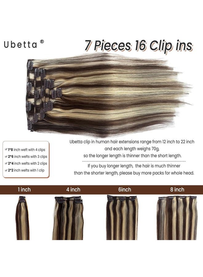 Ubetta Clip in Hair Extensions Real Human Hair, Chocolate Brown and Blonde Highlights Real Hair Extensions Clip in Human Hair 22 Inch 7 Pieces Double Weft Remy Human Hair Clip ins Extensions 70G for Women - Image 3