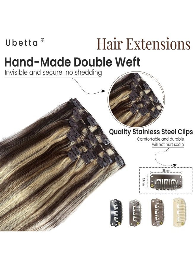 Ubetta Clip in Hair Extensions Real Human Hair, Chocolate Brown and Blonde Highlights Real Hair Extensions Clip in Human Hair 22 Inch 7 Pieces Double Weft Remy Human Hair Clip ins Extensions 70G for Women - Image 5