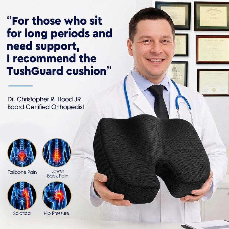 TushGuard وسادة مقعد مكتب/سيارة من TushGuard - ضد الانزلاق لتخفيف آلام العصعص والظهر، وسادة مؤخرة من الفوم الذاكرة للجلوس الطويل - Image 5