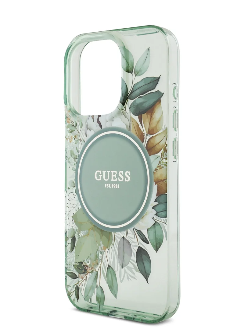 GUESS iPhone 16 Pro Magsafe Case IML Flower Cover with Pearl Wrist Strap / Drop Protection / Slim Design / Comfortable Grip - Green