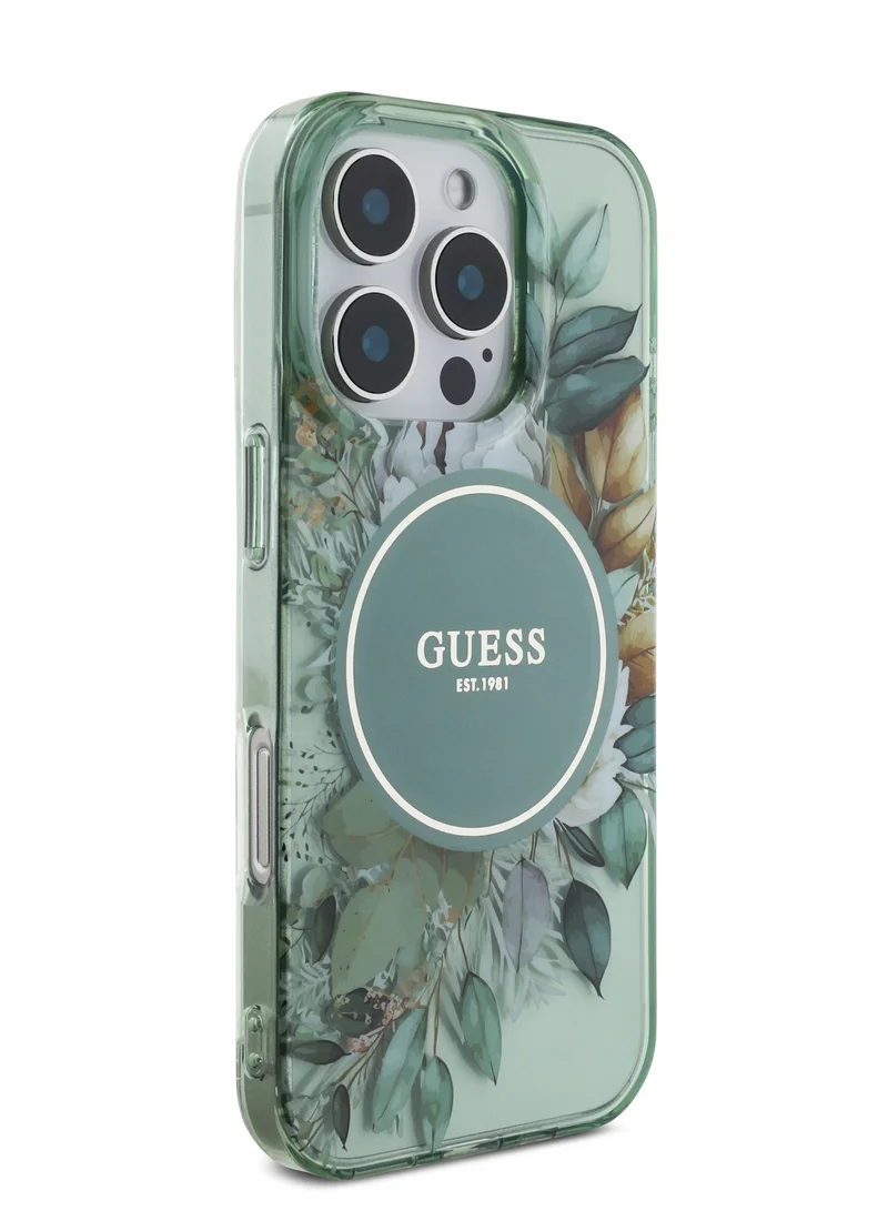 GUESS iPhone 16 Pro Magsafe Case IML Flower Cover with Pearl Wrist Strap / Drop Protection / Slim Design / Comfortable Grip - Green
