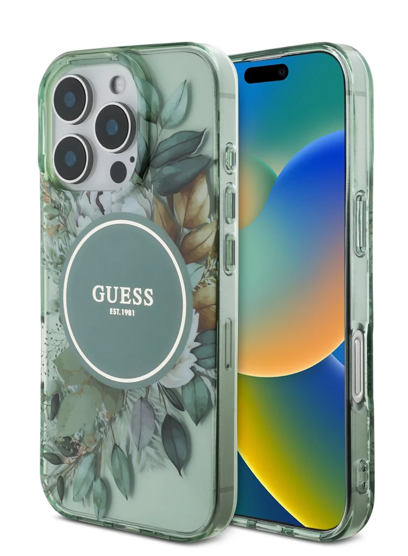 GUESS iPhone 16 Pro Magsafe Case IML Flower Cover with Pearl Wrist Strap / Drop Protection / Slim Design / Comfortable Grip - Green