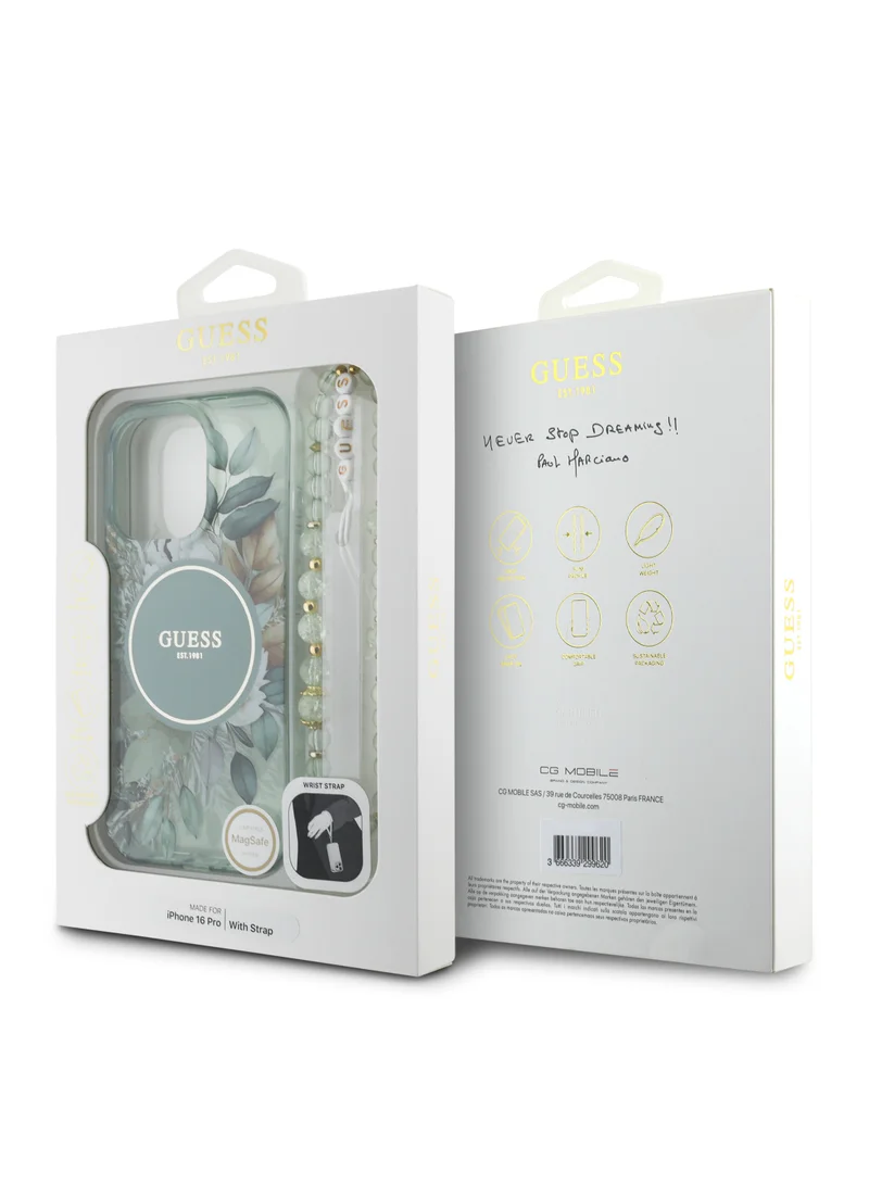 GUESS iPhone 16 Pro Magsafe Case IML Flower Cover with Pearl Wrist Strap / Drop Protection / Slim Design / Comfortable Grip - Green