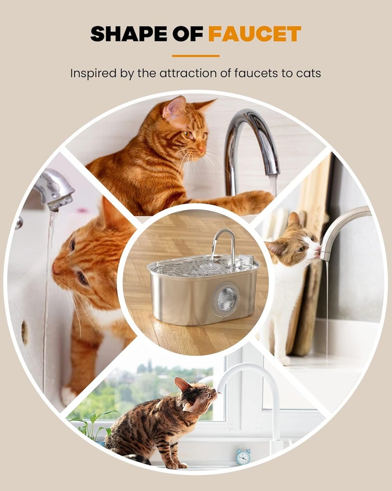 SOOFPET Cat Water Fountain Stainless Steel: with 8pcs Carbon Filter + 8pcs Sponge 108oz/3.2L Pet Water Fountain Cat Fountain - Water Fountain for Cats Inside with Water Level Window Quiet Pump - Image 4