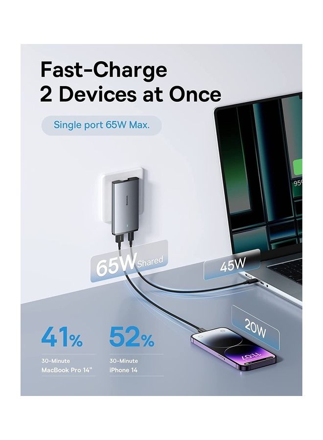 بيسوس شاحن USB C، 65 وات GaN5 Pro UK/EU/US محول قابس للسفر بمنفذ مزدوج شحن سريع على الحائط لأجهزة MacBook Pro/Air/iPad/Dell XPS/Lenovo/iPhone 15 Plus/Max، سلسلة 14/13/12 Galaxy S23، S22 و أكثر من ذلك بكثير - Image 3